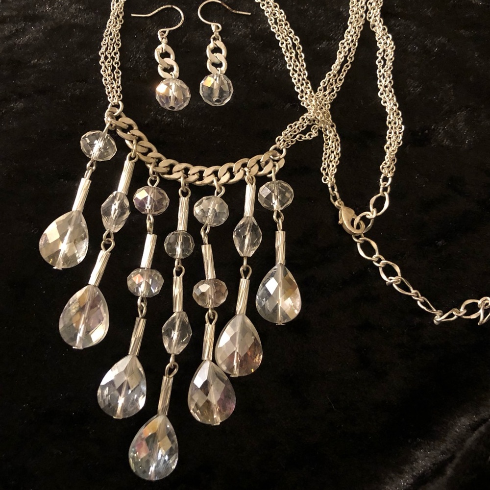 Chandelier Statement Necklace & Hook Earring Set w/ Clear & Silver Beading